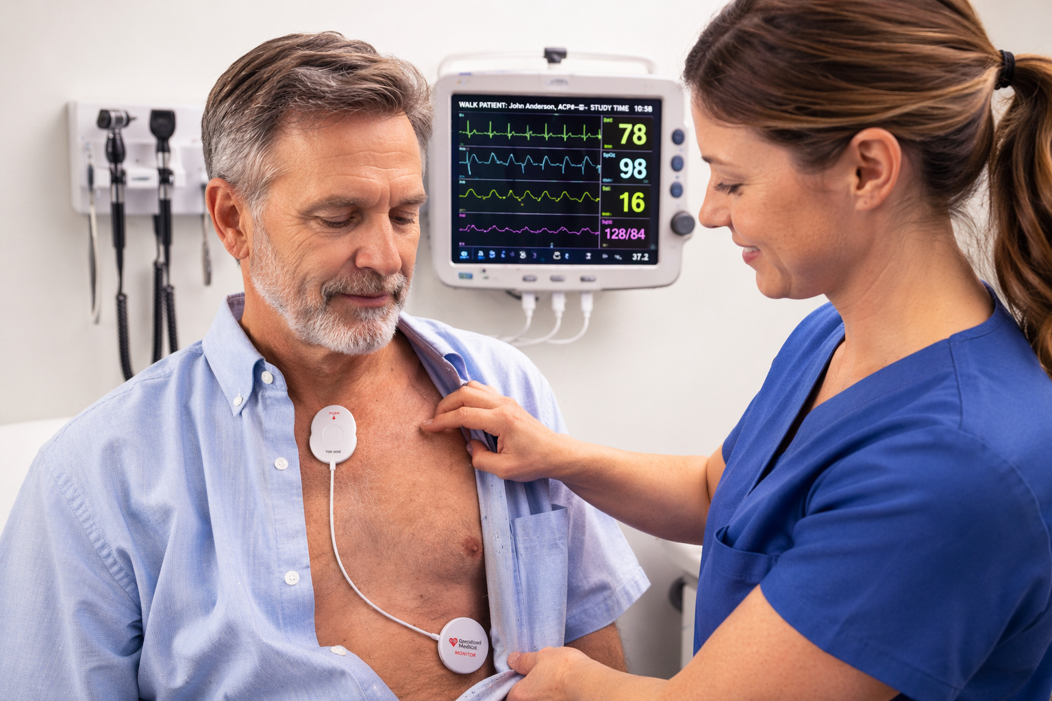 Patient wearing a lightweight cardiac monitor